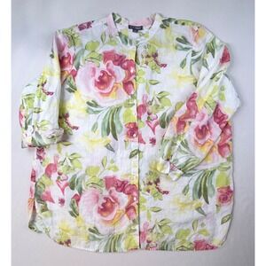 Go Silk Woman Size 3X 100% Linen Floral Button Up Blouse Mandarin Collar
